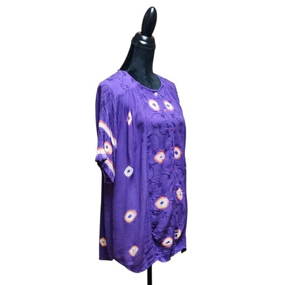 Purple Crepe Women's XL Silk Short-Sleeve Embroidered Boho Button-Up Tunic Top - Picture 5 of 7